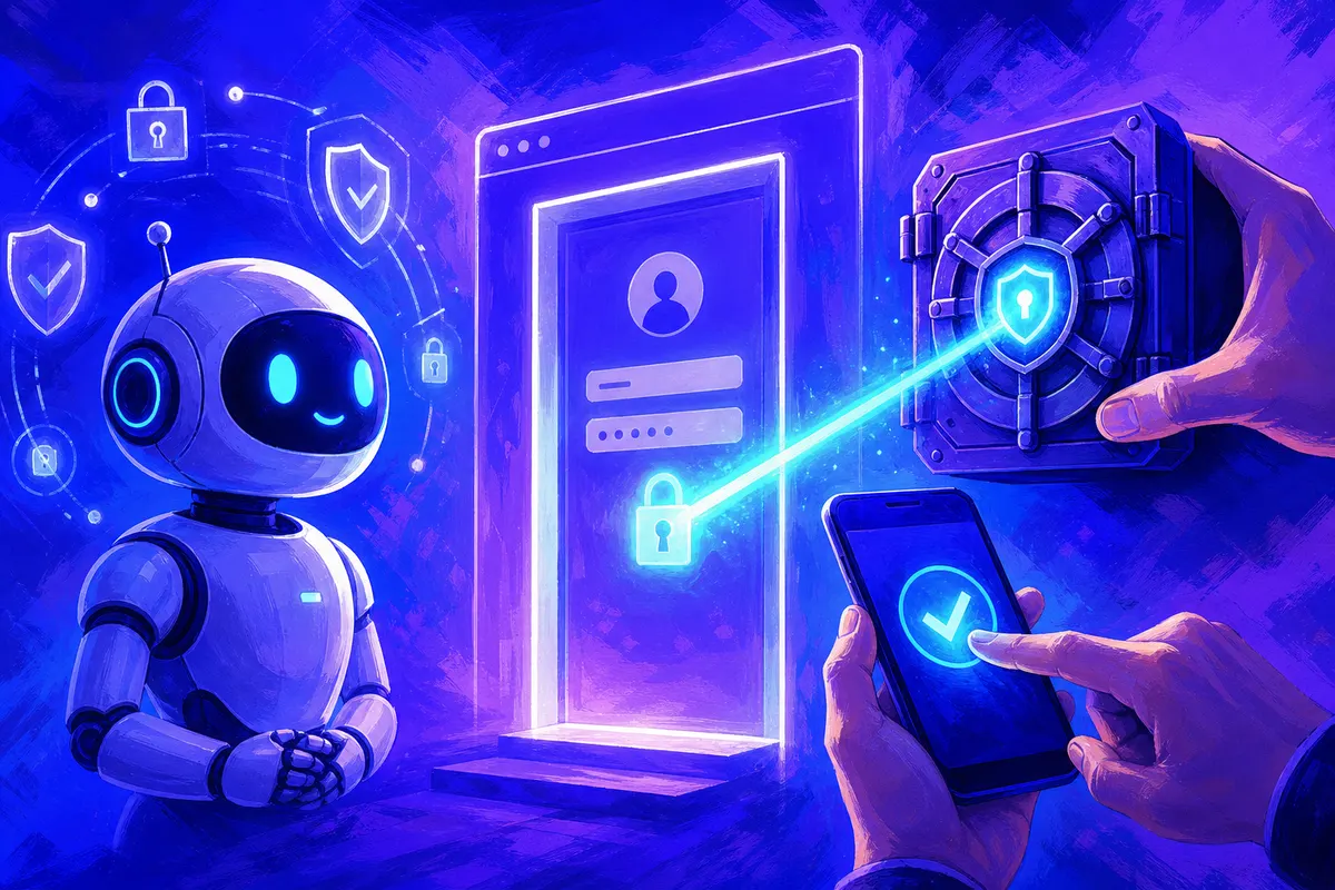 Illustration d’un robot devant une porte de connexion que déverrouille un coffre-fort après approbation sur un smartphone