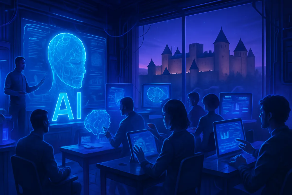 Des participants de tous âges échangent sur l’intelligence artificielle dans une médiathèque.