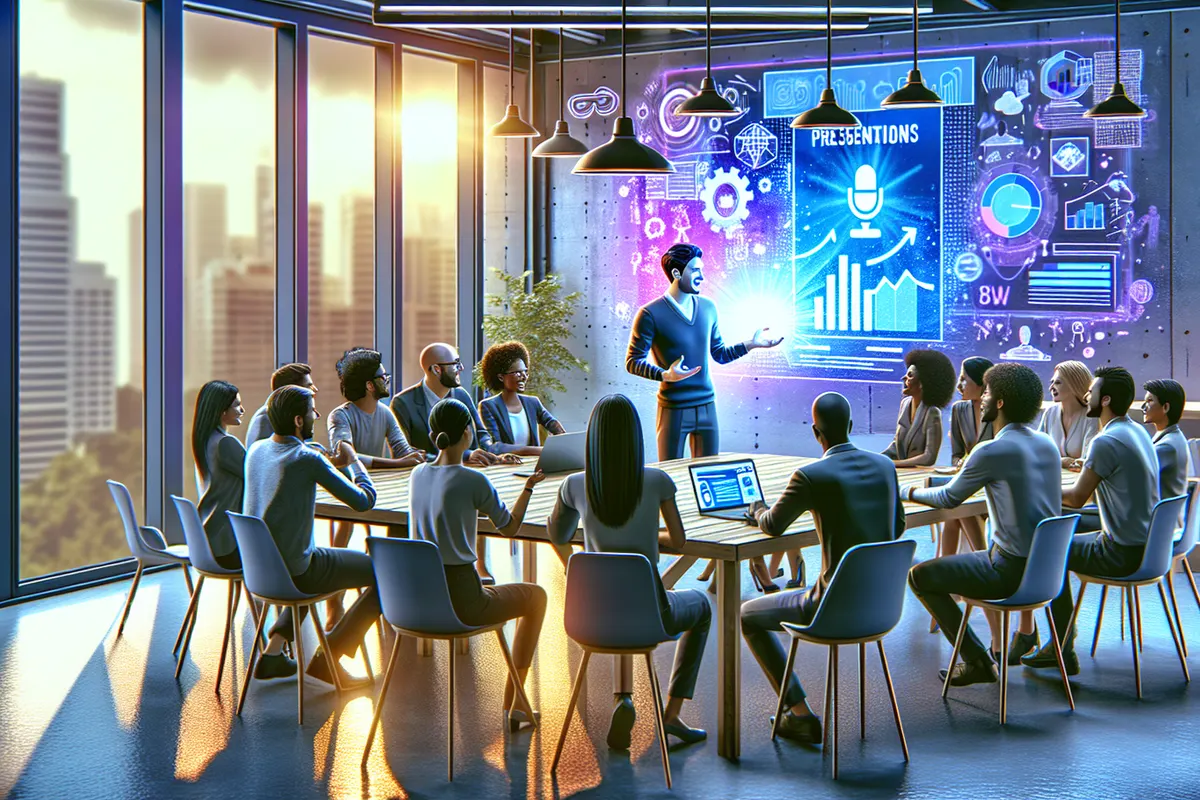 Une professionnelle relit sur ordinateur un diaporama généré par intelligence artificielle avec graphiques et visuels.