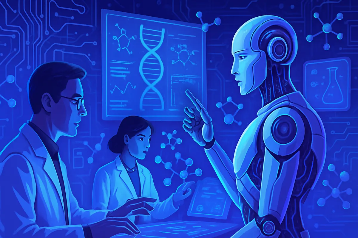 Une chercheuse vérifie des publications et des données scientifiques organisées par une intelligence artificielle.