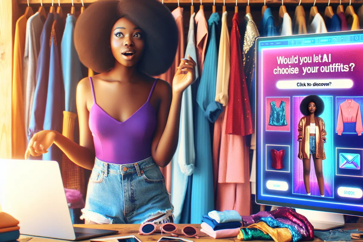 Personne comparant des tenues réelles à une garde-robe numérique affichée sur son smartphone.