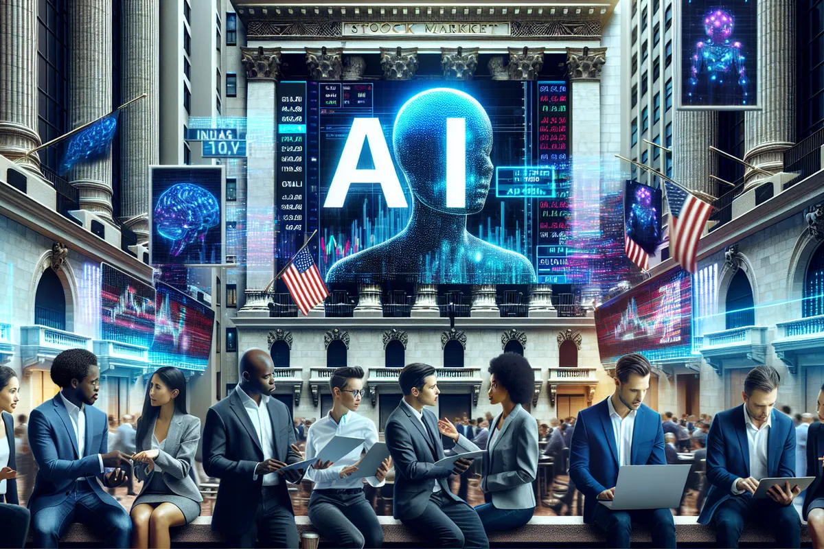 Analyste financier examinant des graphiques de marché et des flux de données liés à l’intelligence artificielle
