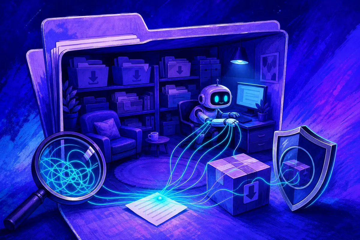 Illustration d’une note piégée dans un dossier de fichiers, dont les fils cachés manipulent un robot assistant
