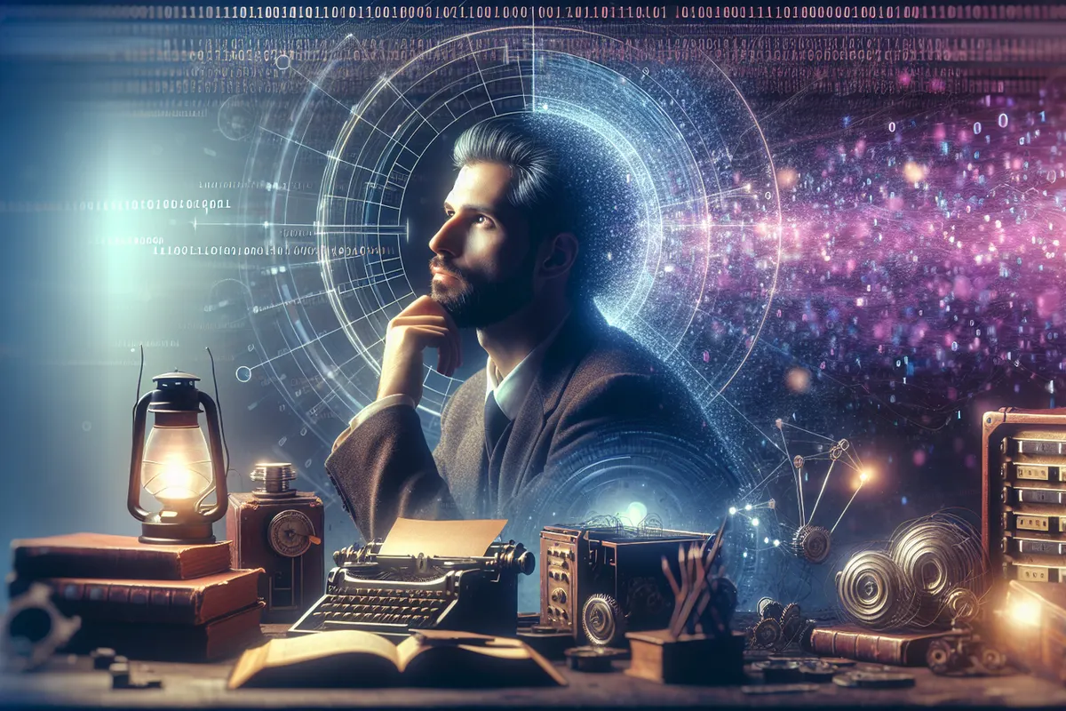 Un mathématicien devant une machine de calcul et des schémas, évocation des travaux d’Alan Turing.