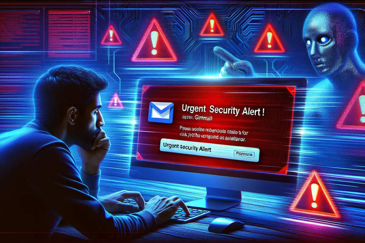 Utilisateur vérifiant une alerte suspecte dans Gmail et les paramètres de sécurité de son compte