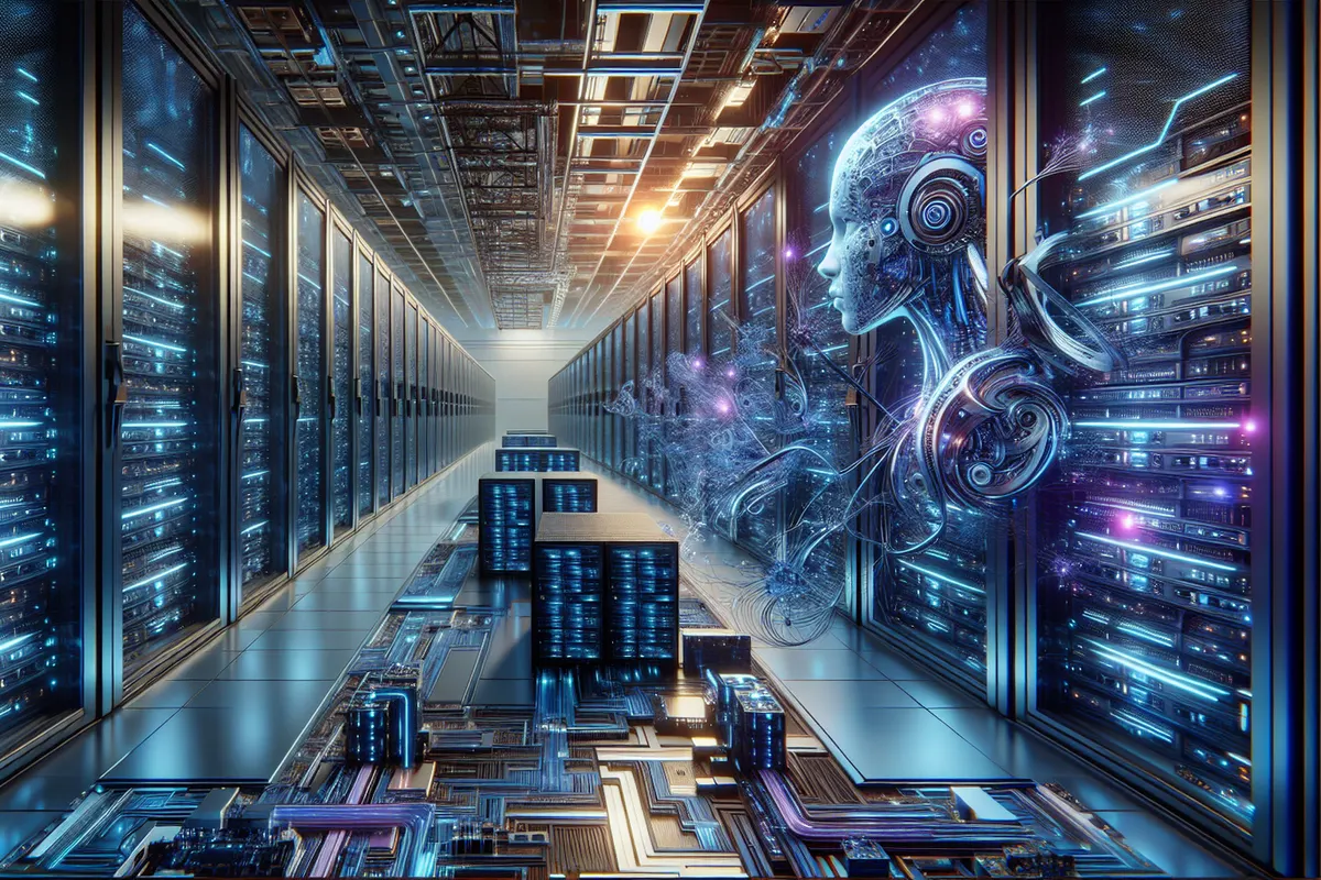 Allée de centre de données avec des racks de serveurs destinés au calcul d’intelligence artificielle.