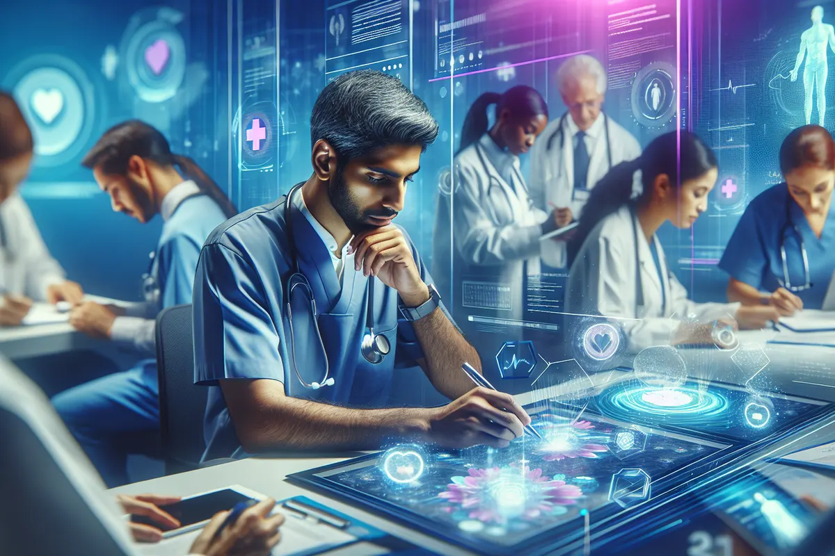 Employée hospitalière vérifiant des formulaires médicaux numérisés avant leur intégration au dossier patient