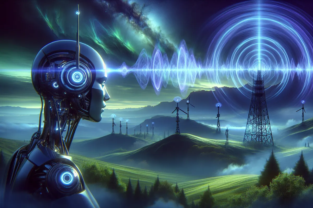 Robot mobile équipé d’antennes radar, cartographiant un couloir enfumé avec des cloisons vitrées.