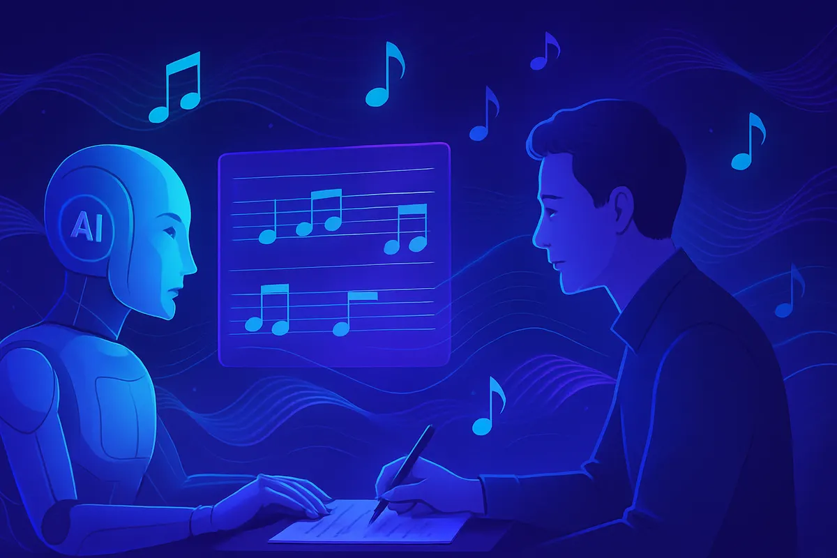 Un compositeur utilise des textes, une image et un extrait sonore pour chercher des idées d’accords avec une IA.