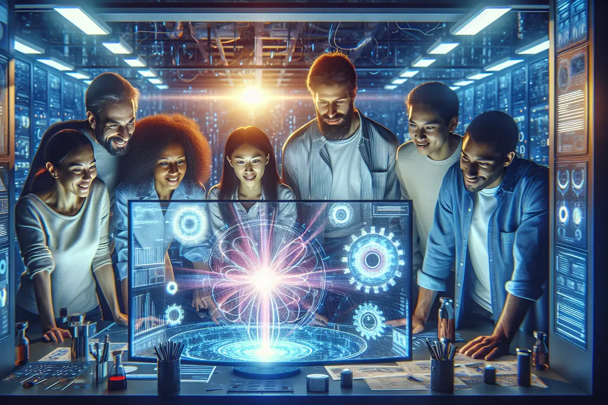 Une personne utilise un assistant IA multimodal sur ordinateur, entre document, image, audio et infrastructure informatique.