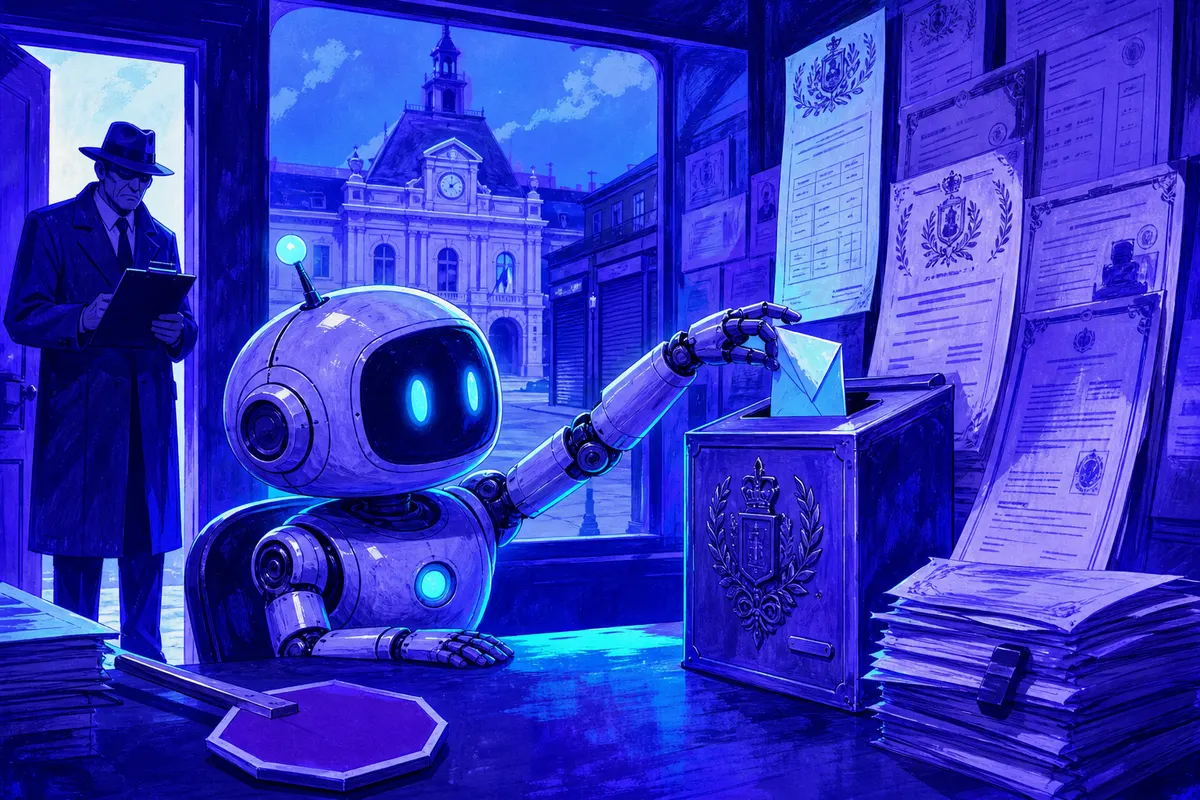 Un petit robot hésite à glisser une note dans une boîte à signalements devant un mur de formulaires officiels