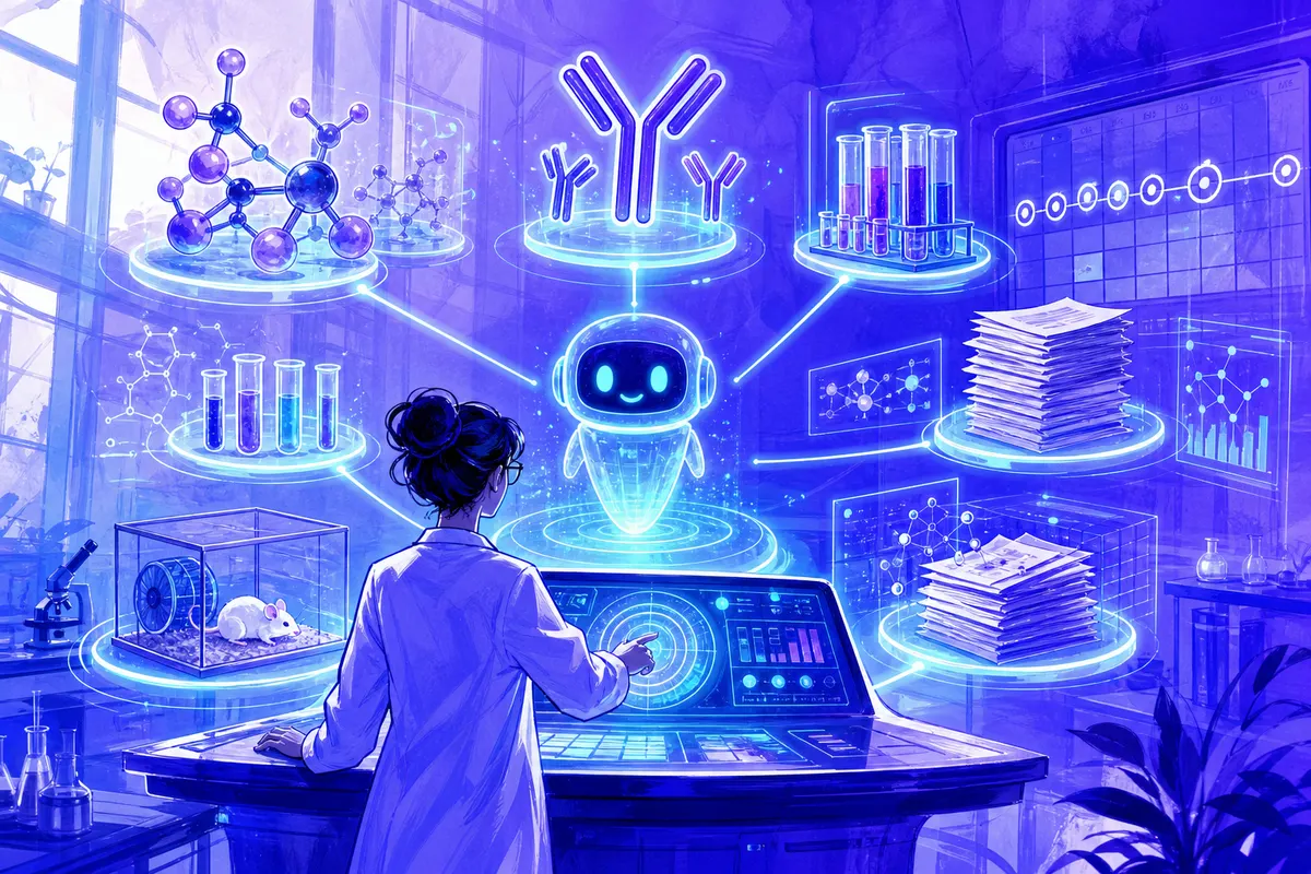 Illustration d’une scientifique pilotant des postes de laboratoire holographiques reliés par des lignes lumineuses