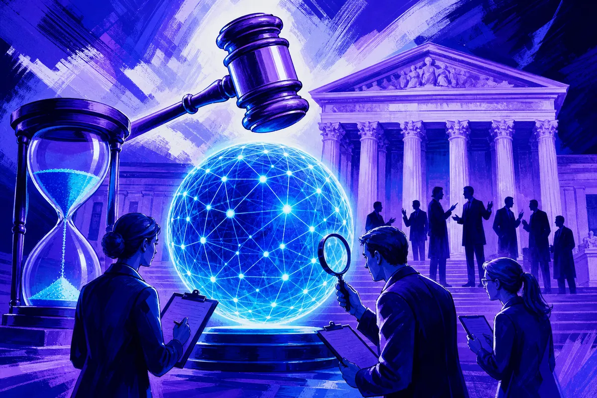 Illustration d’un marteau de juge au-dessus d’une sphère de réseau neuronal examinée par des inspecteurs, devant un tribunal