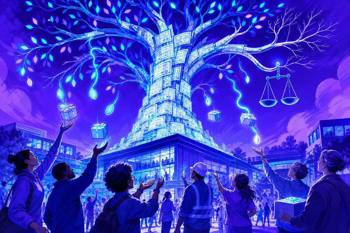 Un arbre lumineux fait de titres de propriété distribue des colis à des travailleurs au pied d’un campus