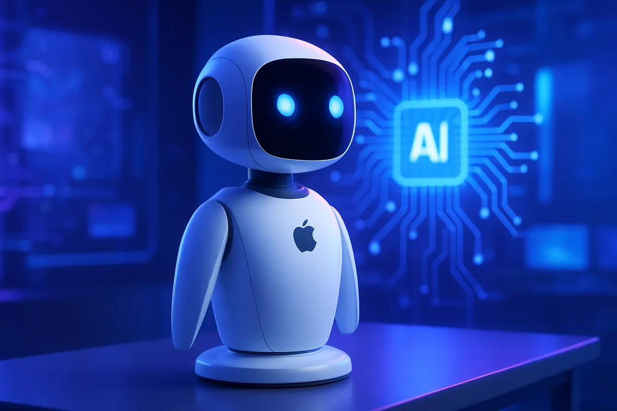 Illustration d’un écran sur bras robotisé de table qui se tourne vers une personne dans un salon.