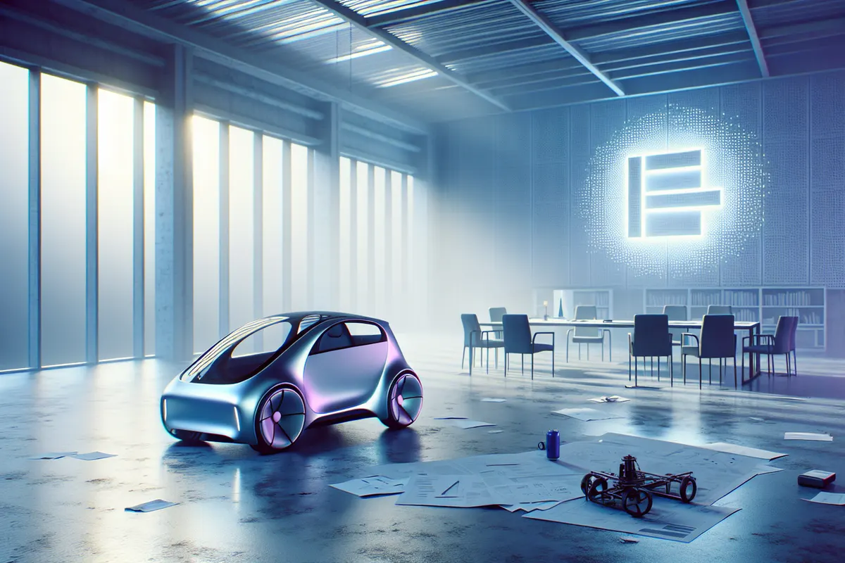 Prototype de voiture électrique autonome dans un laboratoire de recherche, entouré d’ingénieurs.
