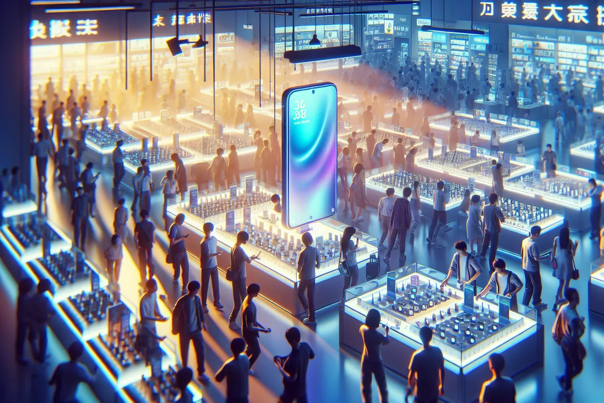 Des clients comparent des smartphones haut de gamme dans un magasin d’électronique en Chine.