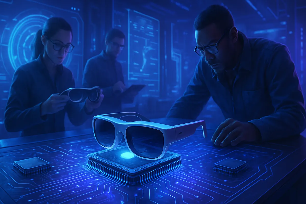 Lunettes intelligentes posées près d’une puce et de mini-caméras sur un établi de laboratoire.