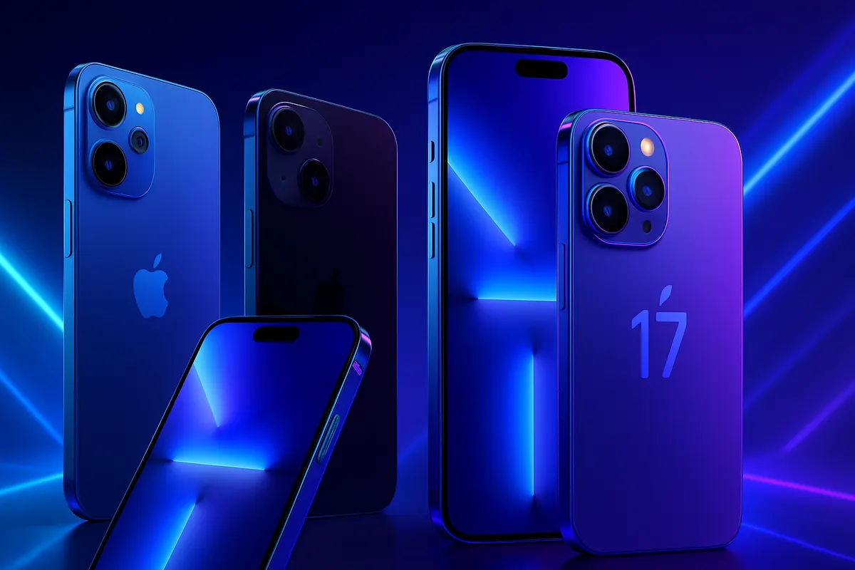 Quatre smartphones de la gamme iPhone 17, dont un modèle ultrafin présenté de profil sans carte SIM physique.