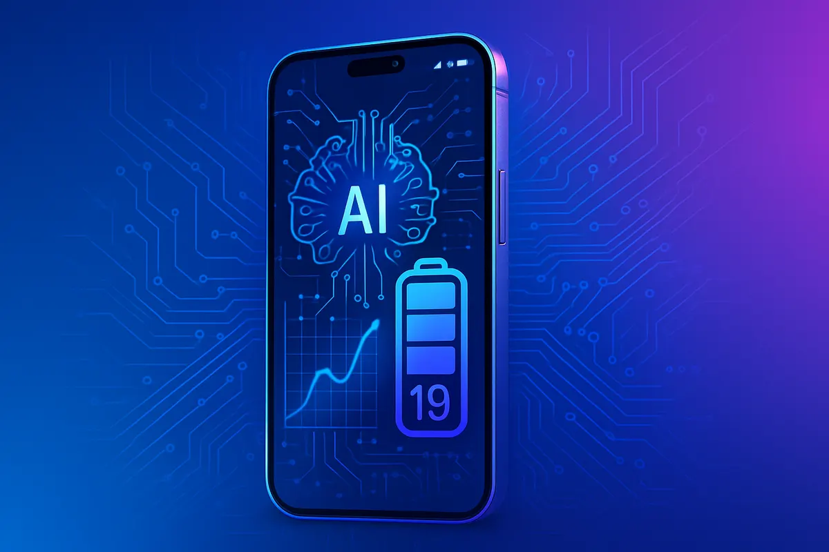Un smartphone affiche des réglages de batterie tandis qu’une visualisation évoque une gestion intelligente de l’énergie.