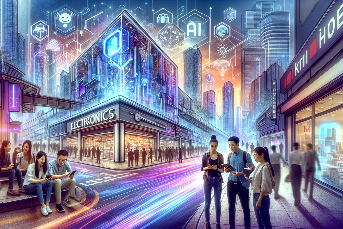 Un smartphone affiche des outils d’IA dans un quartier technologique chinois animé.