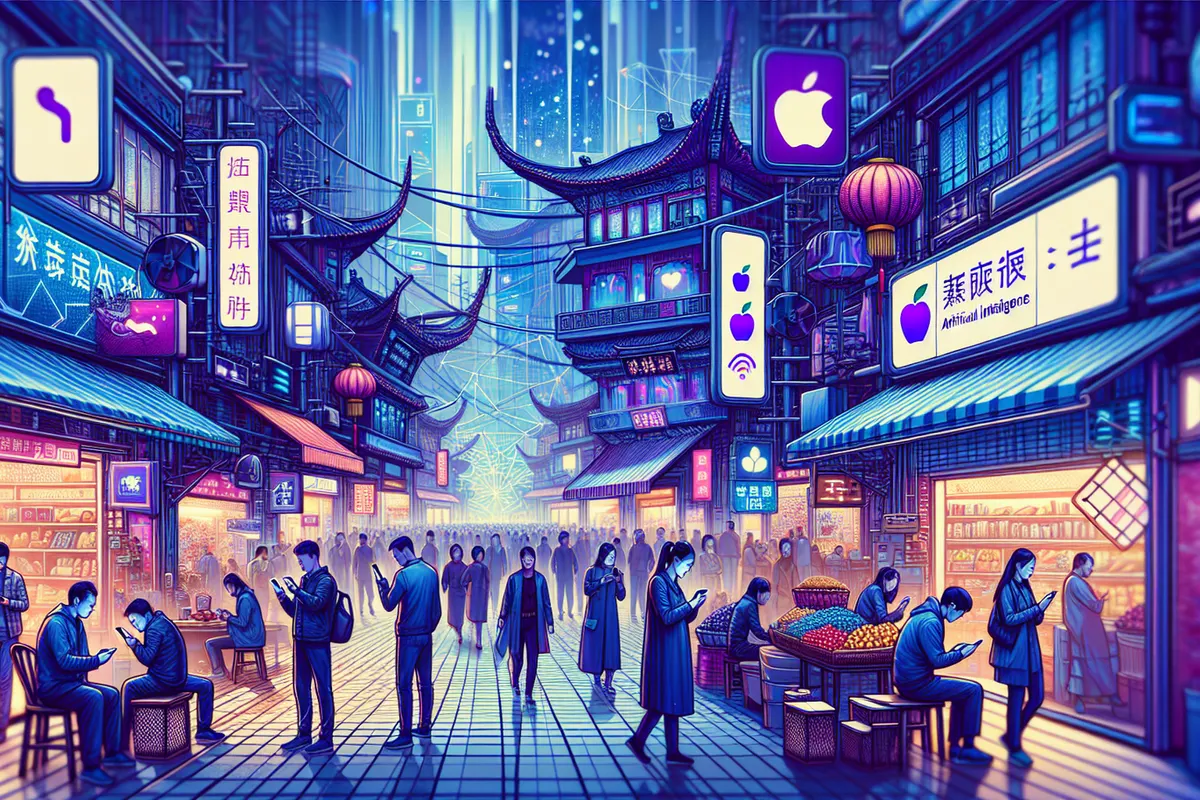Un smartphone avec assistant intelligent au premier plan dans un quartier commerçant chinois animé.