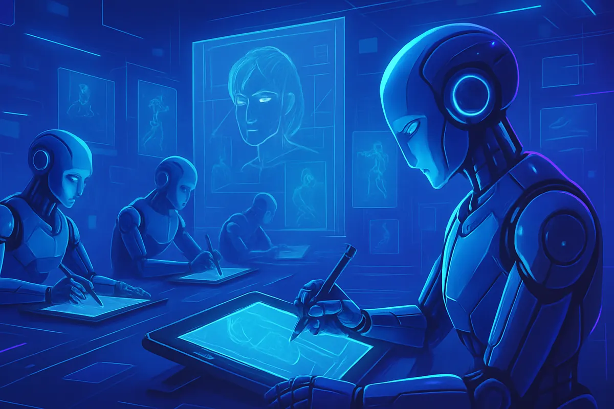 Une personne complète un croquis de voilier créé progressivement par une intelligence artificielle.