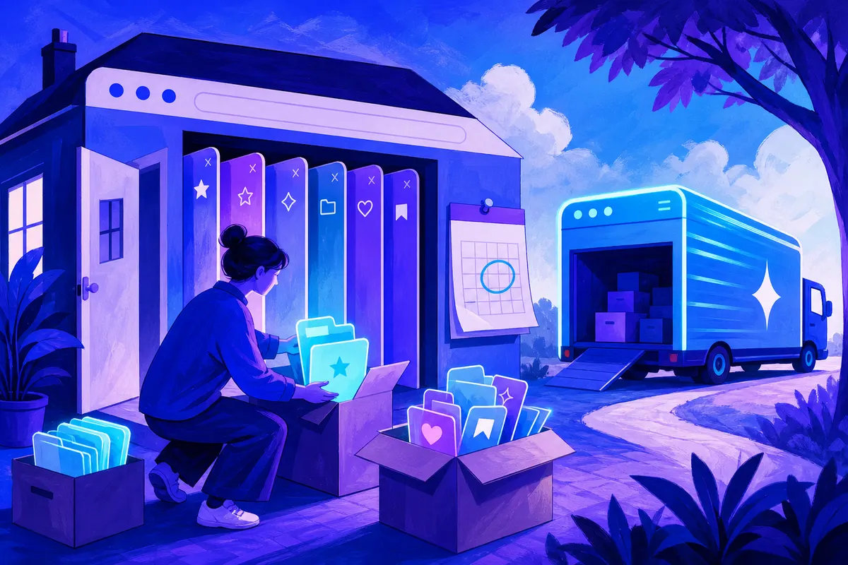 Illustration d’une personne emballant onglets et favoris dans des cartons pour déménager vers un nouveau navigateur
