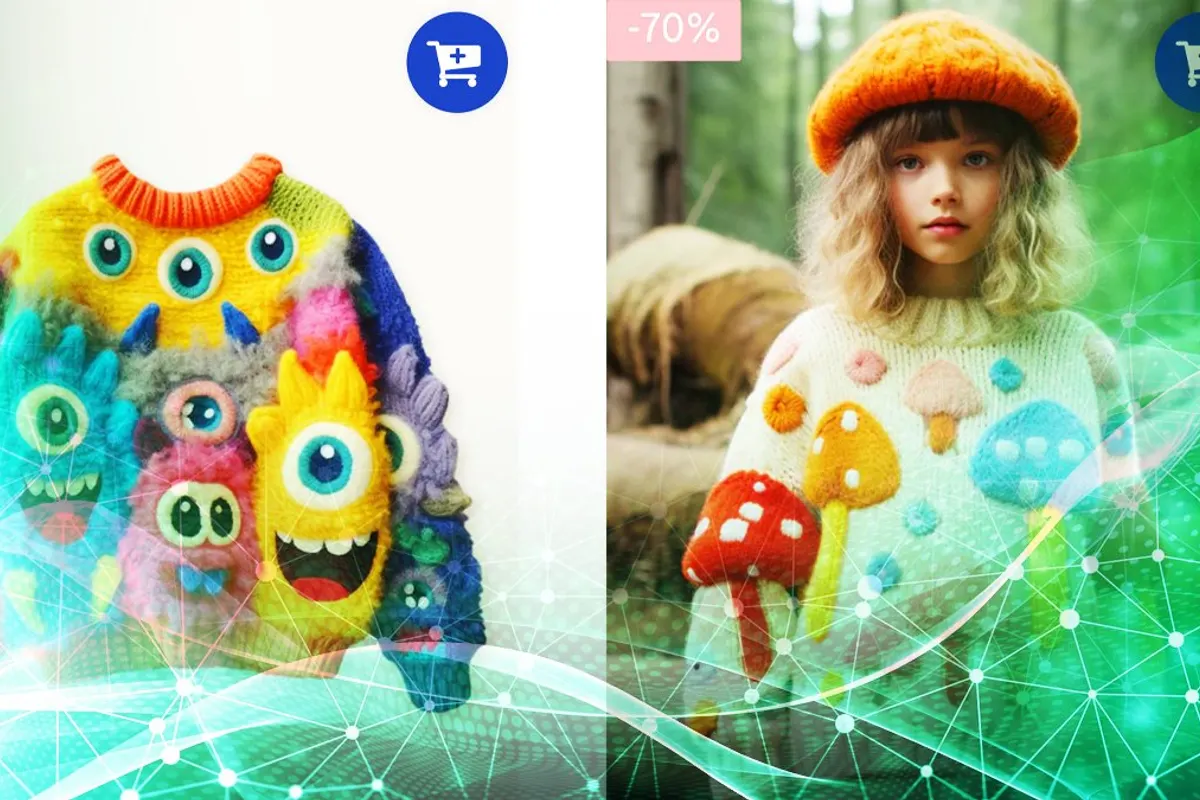 Acheteur comparant des vêtements aux visuels artificiels sur un ordinateur avec un article imprimé reçu.