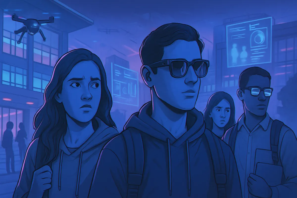 Des étudiants sur un campus remarquent des lunettes connectées équipées d’une caméra pendant une discussion.
