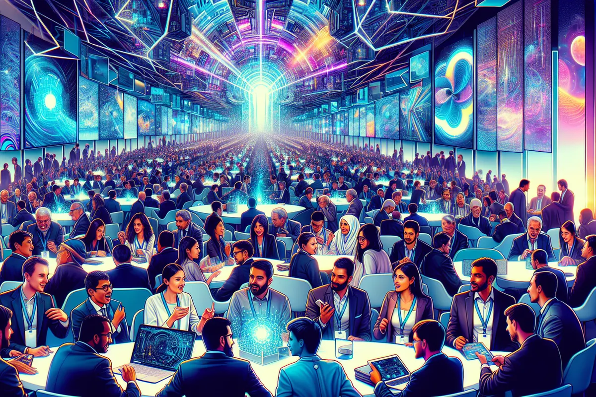 Visiteurs de NFT Paris découvrant des œuvres numériques et des démonstrations sur l’IA et la blockchain.