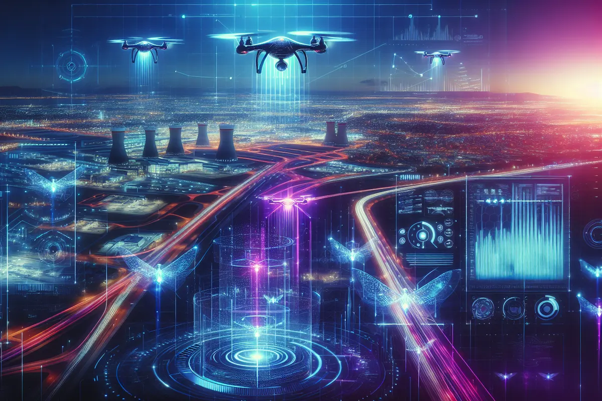 Drone inspectant une piste d’aérodrome tandis qu’un opérateur analyse des données cartographiques à distance.