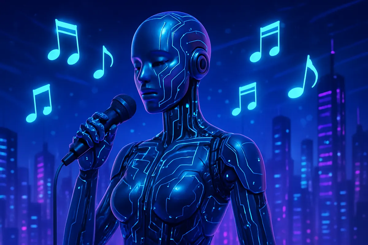 Silhouette de chanteuse virtuelle dans un studio, face à un producteur utilisant une console audio.