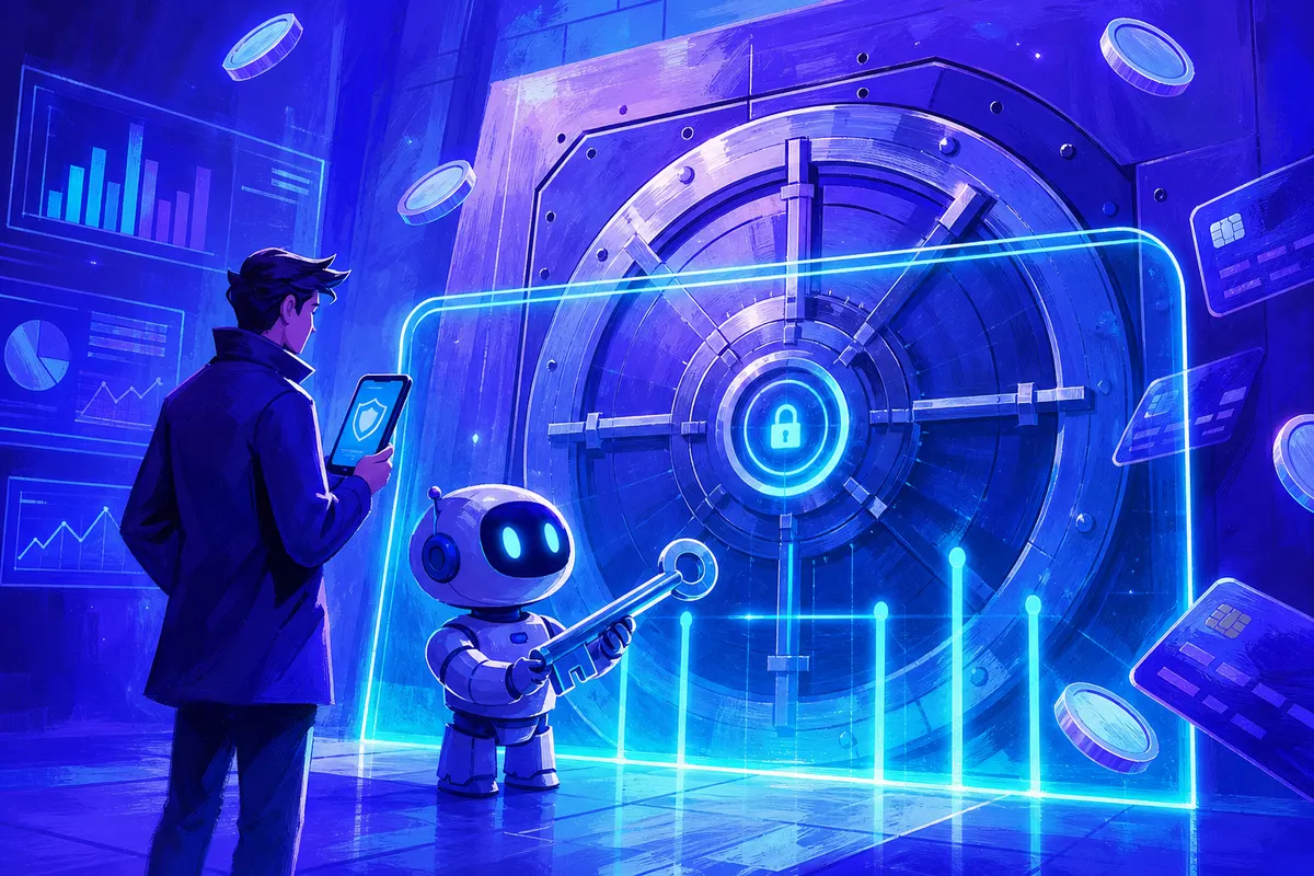 Illustration d’un robot d’IA tenant une clé, arrêté par un portail de sécurité devant la porte d’un coffre bancaire