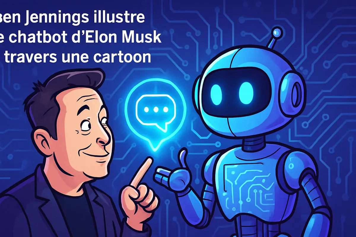 Un dessinateur de presse face à une interface de chatbot, entouré de symboles de vérification et de sécurité.