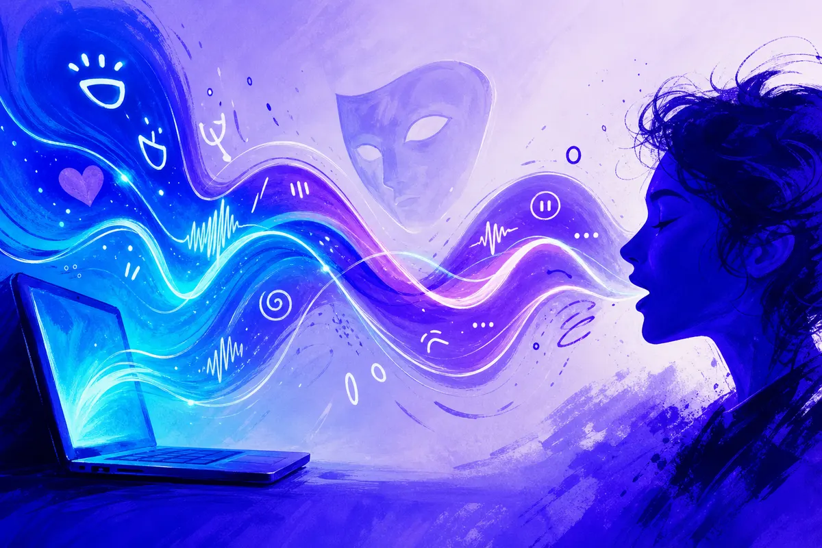 Illustration de deux ondes sonores entrelacées entre un ordinateur portable et une silhouette humaine, avec un masque