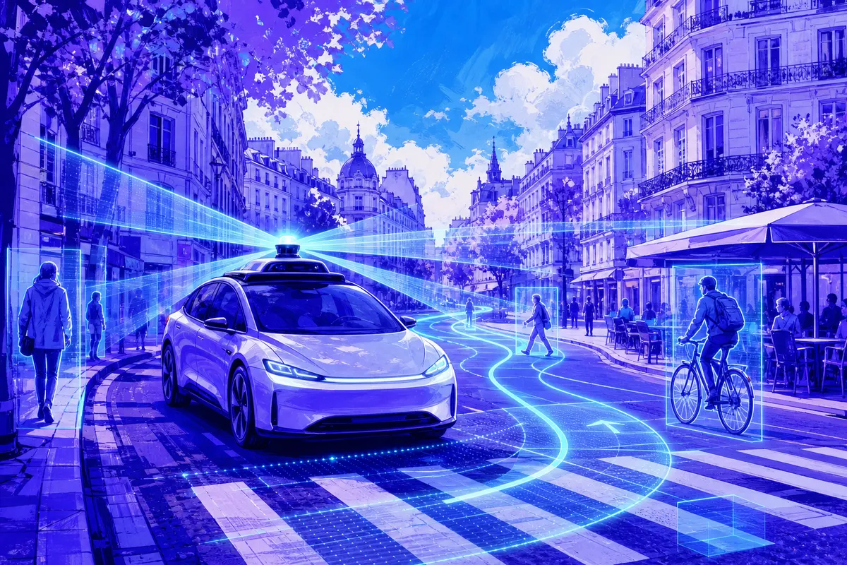 Illustration d’une voiture électrique sans conducteur qui scanne une avenue européenne avec ses capteurs lumineux