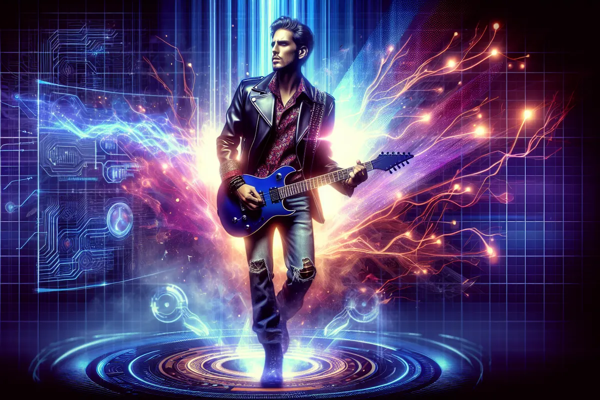 Portrait synthétique d’un responsable public en veste de cuir, inspiré des rockeurs des années 1980.