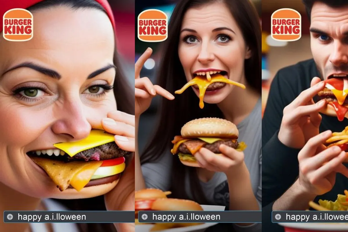 Cliente mangeant un burger et se transformant en créature aux yeux multiples dans une scène d’Halloween.