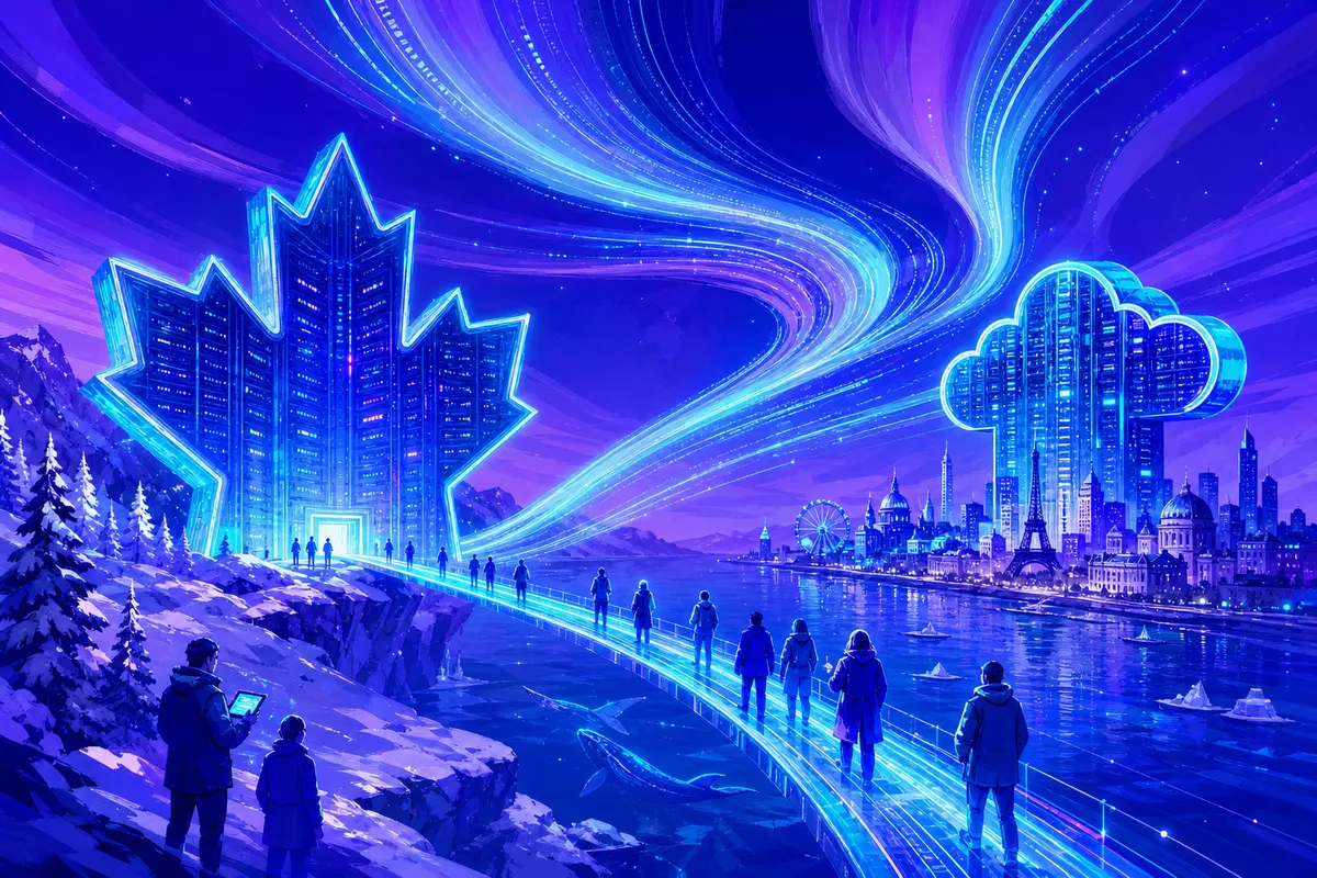 Illustration d’un centre de données en forme de feuille d’érable relié par un pont de lumière à une ville européenne
