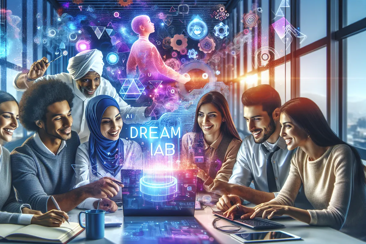 Une personne crée un visuel par IA sur ordinateur et smartphone dans un espace de travail créatif.