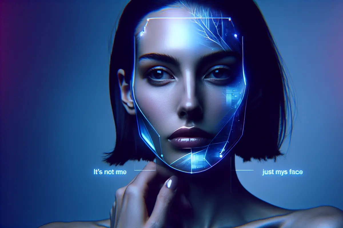 Un mannequin observe à l’écran des versions artificielles de son visage utilisées dans des images de mode.