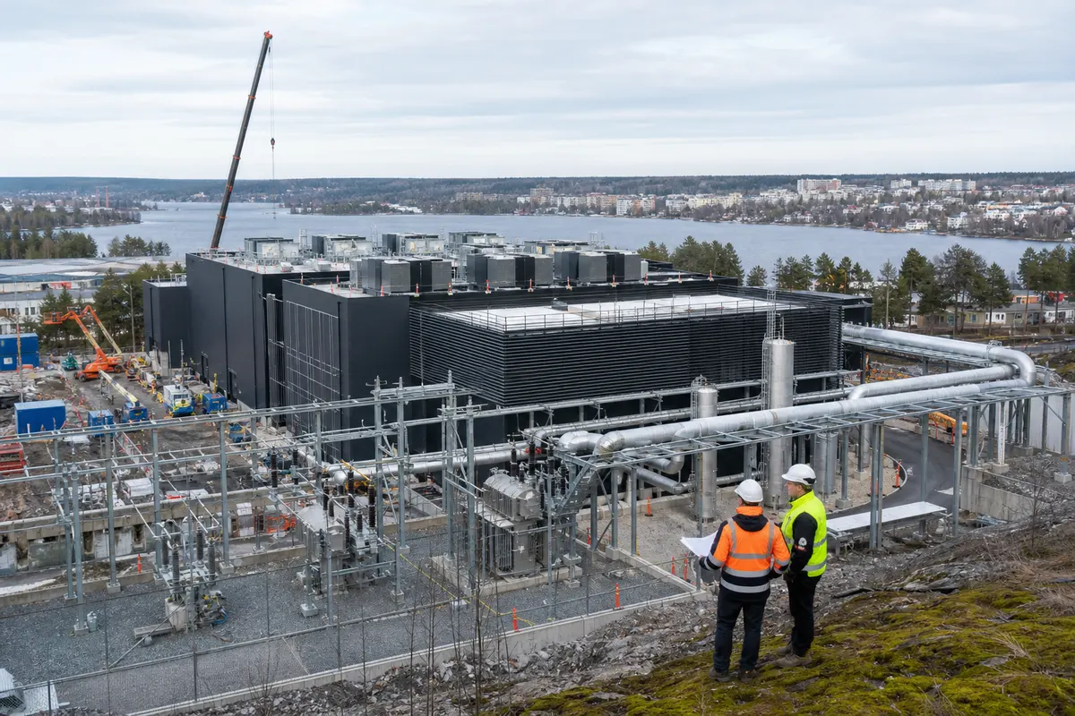 Chantier d’un centre de données dédié à l’IA avec équipements électriques et réseau de chaleur en Finlande