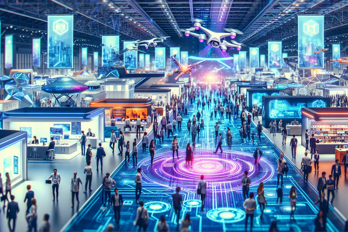 Visiteurs découvrant des ordinateurs, lunettes connectées et composants lors d’un grand salon technologique à Las Vegas.