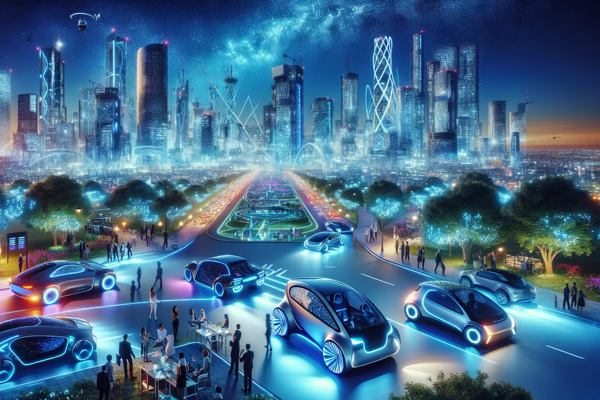 Une voiture électrique connectée au CES, avec habitacle numérique et robot collaboratif en arrière-plan.