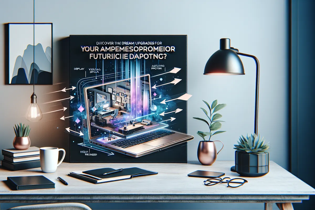 Ordinateur portable fin en visioconférence, avec écran lumineux et représentation de la dissipation thermique.