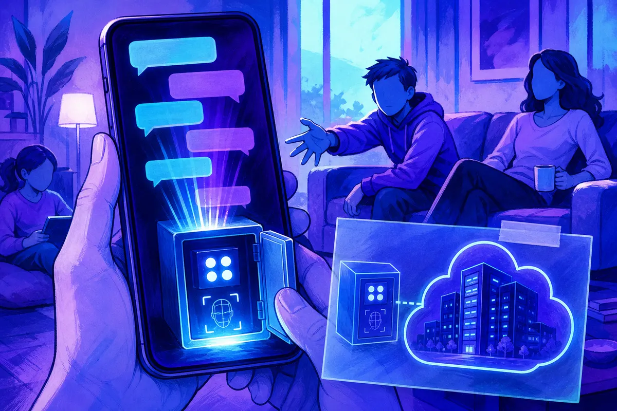 Un téléphone range des bulles de conversation dans un petit coffre lumineux protégé par un code