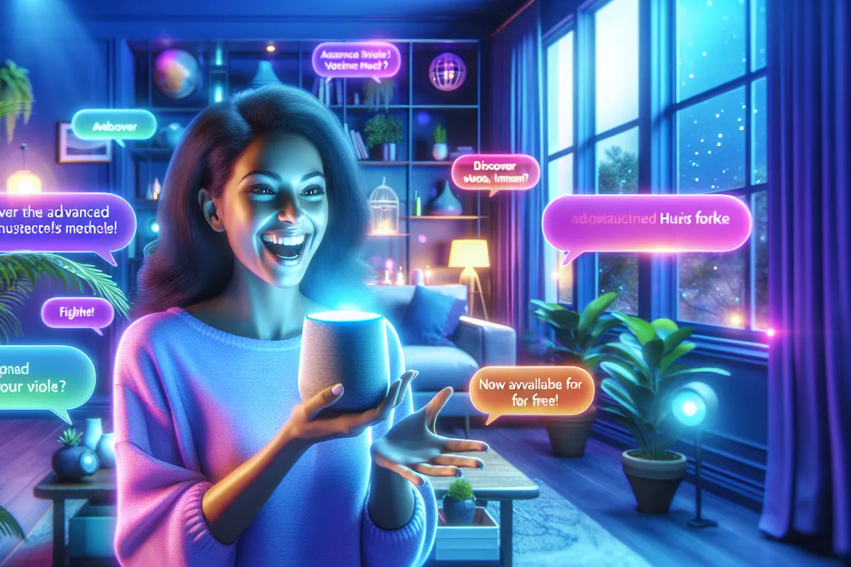 Une personne utilise la conversation vocale de ChatGPT sur son smartphone, avec des ondes sonores.
