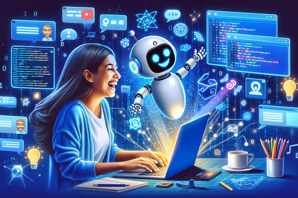 Deux professionnels utilisent un assistant conversationnel pour coder, partager un écran et organiser un projet.