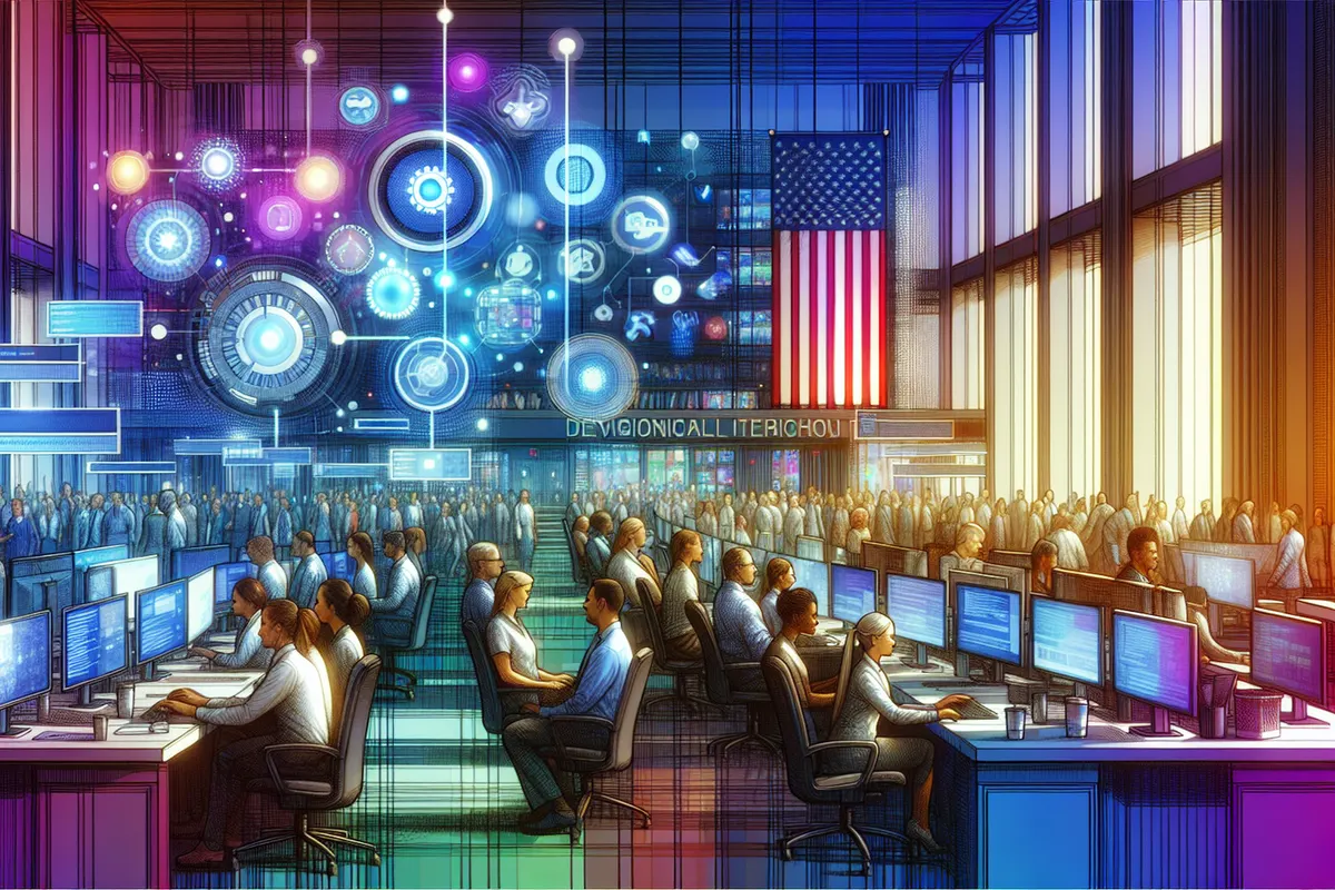 Des agents publics consultent des documents et un assistant d’intelligence artificielle dans un bureau sécurisé.